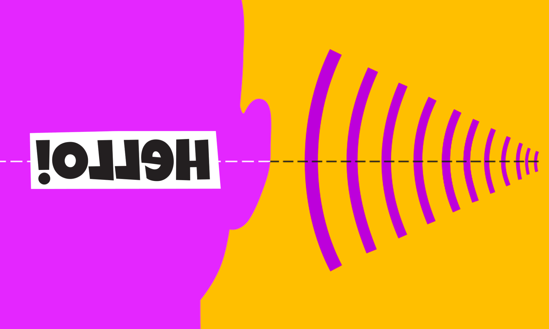 GIF显示声波进入一个人的头部轮廓. The word "hello" then appears in the area of the person's mind with different speech prosody re现在ed with front and punctation that changes from an exclamation point to a question mark to a period.